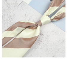 Classic Striped Brown Beige JACQUARD WOVEN 100 Silk Men's Necktie Tie