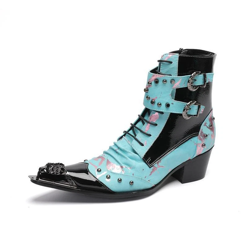 Mens Ankle Boots Buckle Block Heel Metal Point Toe Lace-up Rivet Party Shoes New - Image 4 of 4