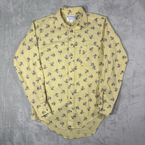 True Vintage Burberrys Shirt Men's Medium Novelty Print Bird USA Yellow Stains