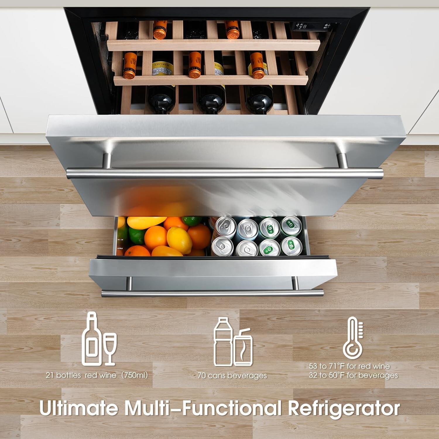 HCK 24 Inch Under Counter Beverage Refrigerator,Double Drawer Beverage