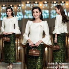 Blouse Thai Traditional Silk Fashion Dress Woman Skirt Shirt Bell Sleeves Dress