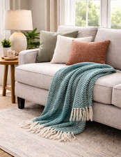 Green White Herringbone Throw Blanket 50 x 66 Wool Blend Fringe Farmhouse GRN-43
