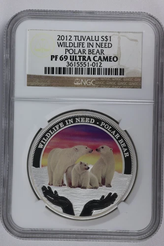 TUVALU 2012 SILVER Dollar WILDLIFE IN NEED POLAR BEAR NGC PF 69 ULTRA CAMEO