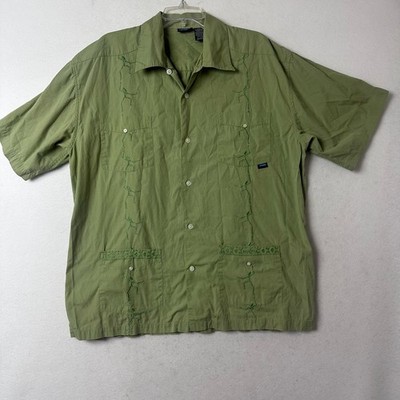 KAVU shirt sz L Embroidered climbing people green short sleeve button up camp