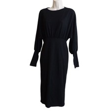 Shein Black Long Sleeve Midi Sheath Dress Women Size S 4 Elastic Waist Back Slit