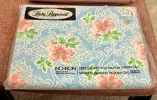 Vintage Pepperell No-Iron 50/50 Twin Flat Sheet Pink Flowers On Blue N.O.S.