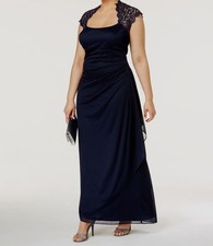 X by Xscape Women's Blue Ruched Lace Cap-Sleeve Gown Dress Plus Size 18W