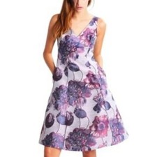 Adrianna Papell A-line Fit Flare V-neck Purple Floral Beaded Dress Sz 2 NWT