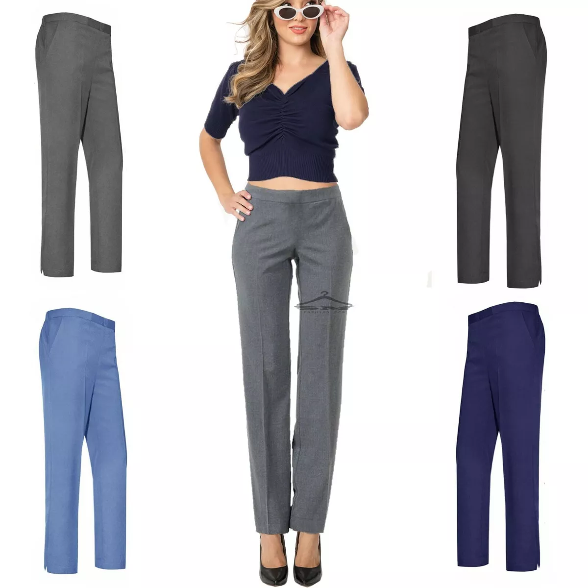 WOMEN LADIES TROUSERS GIRLS CLASSIC PANTS OFFICE SCHOOL UNIFORM ELASTIC  BOTTOMS