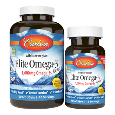 Carlson Labs Elite Omega 3 Fischöl 1600mg Herz Gehirn Unterstützung Zitrone 120 Softgel