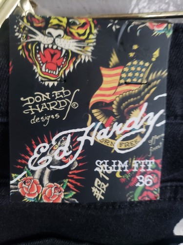 Ed Hardy Jeans Skull Snake Panther Men's 36x31 Black Embroidered Stretch NWT - Picture 4 of 13