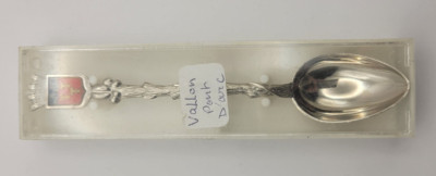 Kleiner Sammellöffel mit Box, Wappen Vallon Bogenbrücke Metall versilbert