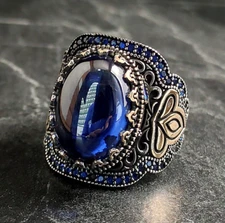 Men's Oval Blue Sapphire Gemstone Silver Ring , Silver 3 Petal Rosebud Ring