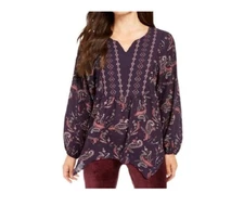 Style & Co Womens Plus 0X Purple Paisley Grape Print Split Neck Lurex Blouse NWT