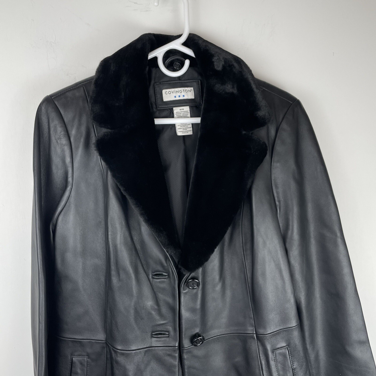 COVINGTON Long Black Leather Jacket Button Front … - image 3