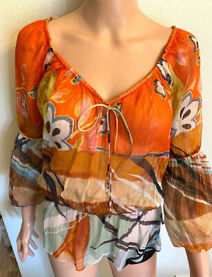 CACHE 100% Silk 3/4 Sleeve Blouse Top Shirt Multicolor Fits XS, S