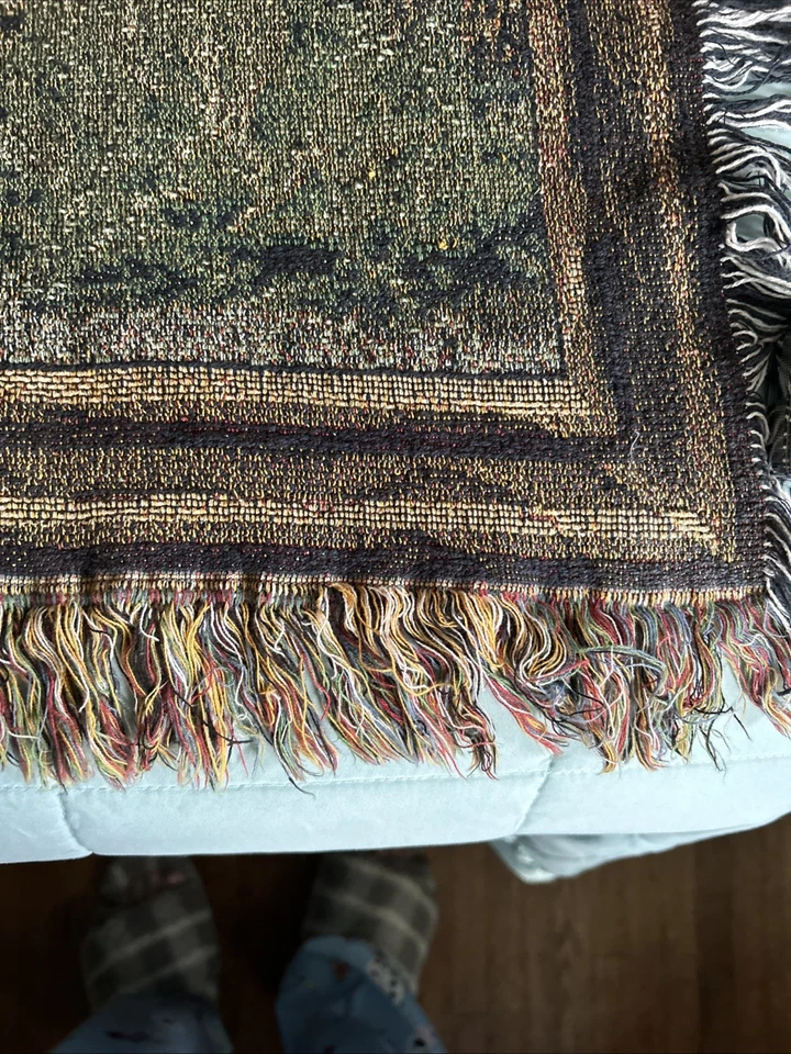 Vtg Fringe Tapestry Throw Of a Bear In Nature For Your Couch Or Bed 66” X 46” - Image 3 of 4