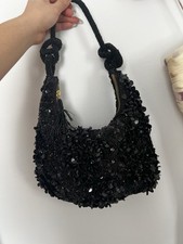 Black Beaded Sequin Shoulder Bag with Knotted Handle for Party/Cocktail