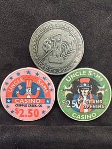 Uncle Sam’s Casino $2.50 & $25 “Grand Opening” Chips and $1 Slot Token, Colorado