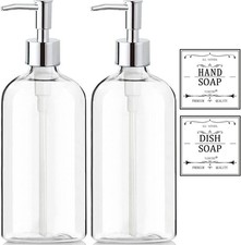 Clear Soap Dispenser with Rust Proof Pump, Waterproof Labels 2 Pack,16 Oz , Pla