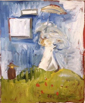 Abstract Woman With Parasol Landscape Oil Painting 24 x20  Canvas Original Art