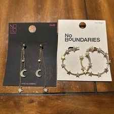 Lot Of 2 Pairs No Boundaries Sparkle Star Hoop Earrings Goldtone Hypo-Allergenic