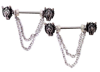 Nipple Shields-PAIR-Wolf Heads & Chains 14 Gauge 5/8'' Steel Barbell 