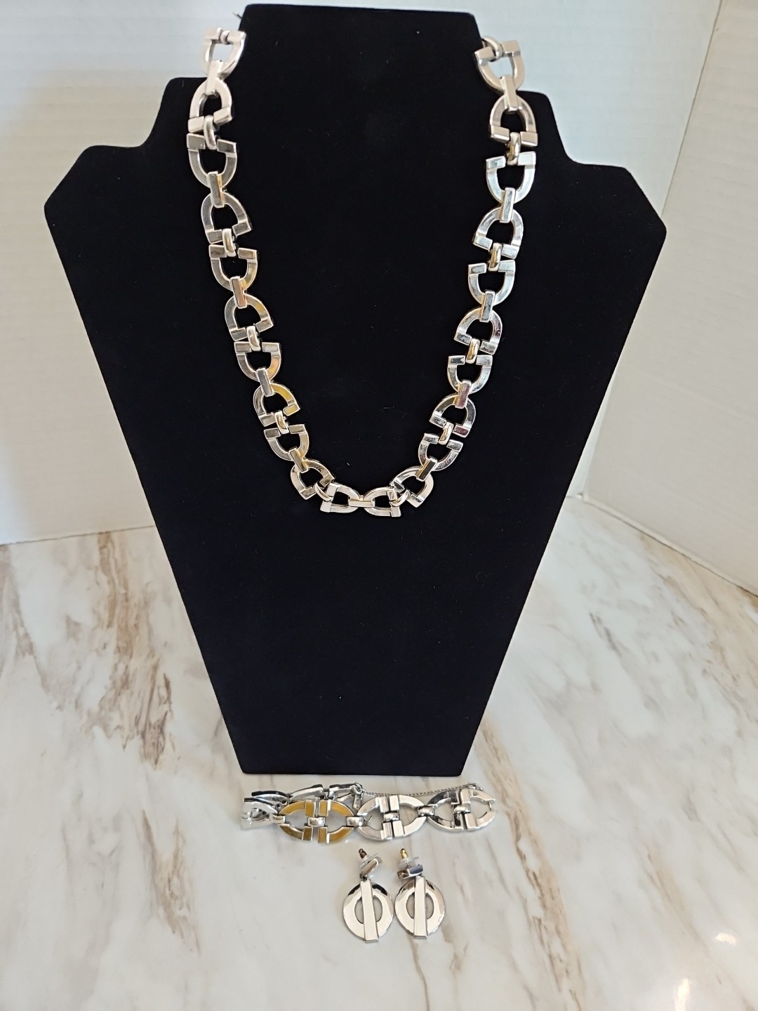 Monet Silver Statement Link Necklace Earring Brac… - image 1