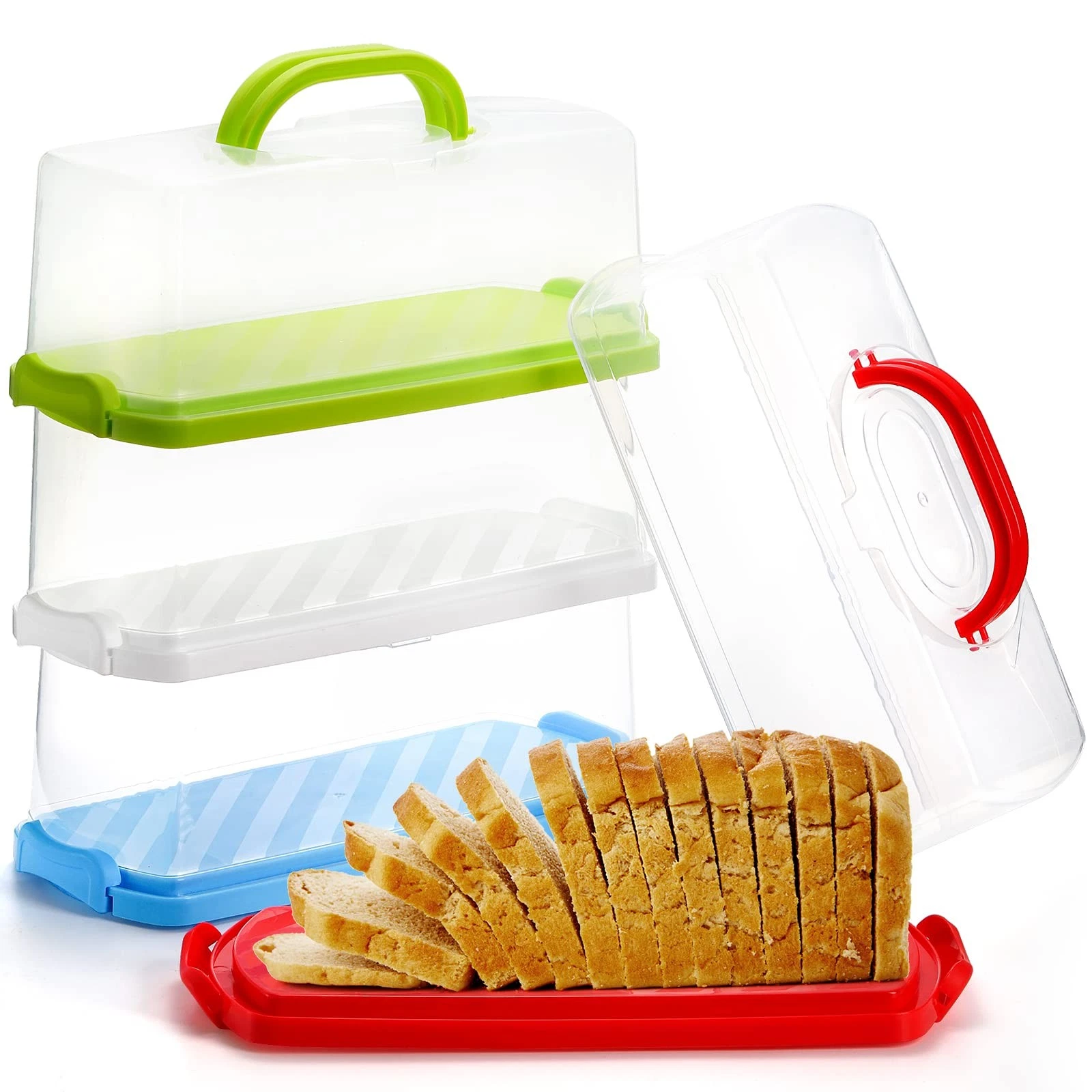 4 Pack Portable Bread Box with Clear Lid, Plastic Loaf Cakes Storage Containe...