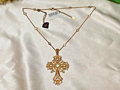 Vintage Alexandra Gem White Topaz Gold Vermeil Filgree Silver Cross w/Chain
