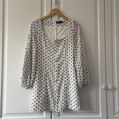 Ladies Pretty Little Thing White & Black Polka Dot Long Sleeved Mini Dress UK 8