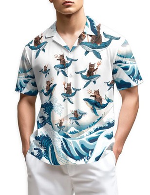 Cat Riding Whale Hawaiian Shirt Funny Animal Ocean Beach Aloha Unisex