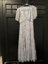 ASTR Light Blue Floral Lace Maxi Dress V-Neck Puff Short Sleeve Pullover