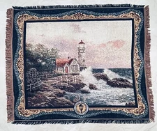 Thomas Kinkade Lighthouse Throw Blanket Wall Decor 56x46 Tapestry Fringe Vintage