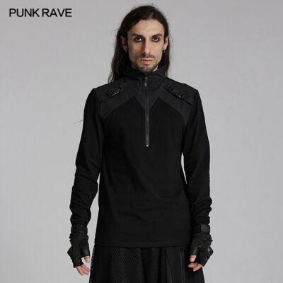 Punk Rave Men Black Gothic Techwear Style Long Sleeved Slim Fitted T-Shirt