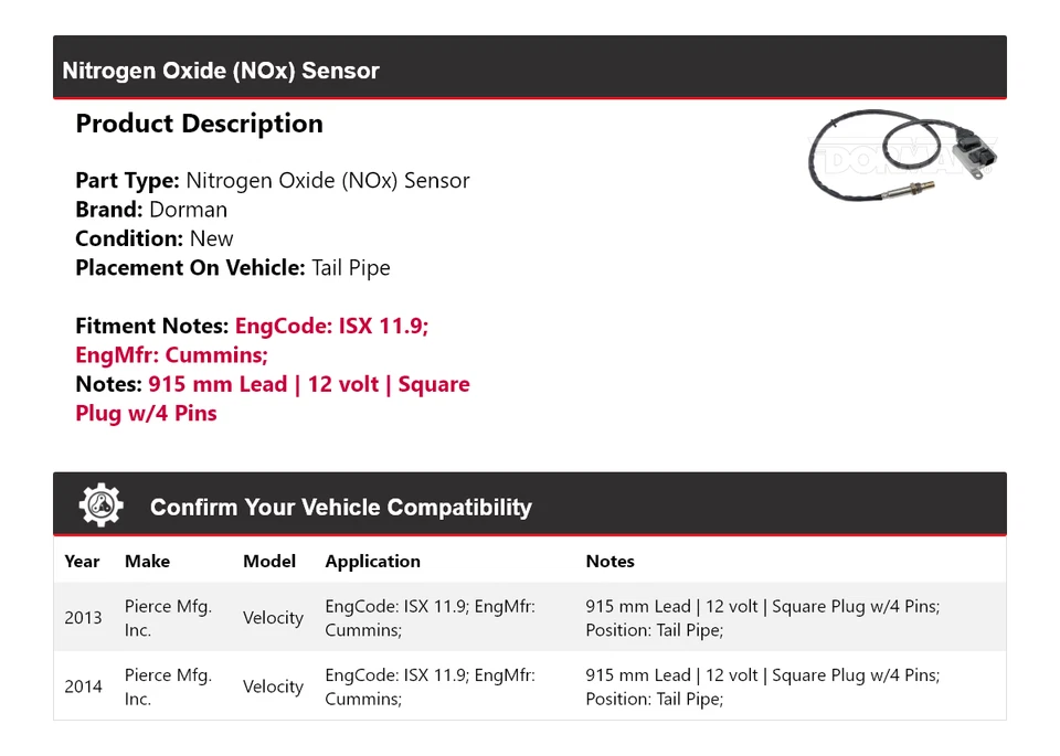 Para Pierce Mfg. 2013-2014 Sensor de óxido de nitrógeno (NOx) Inc. Velocity Dorman Foto 2 de 4