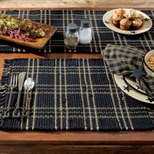 2 Sturbridge Black Tan Plaid Chindi Cotton Country Cottage Placemats 13x19