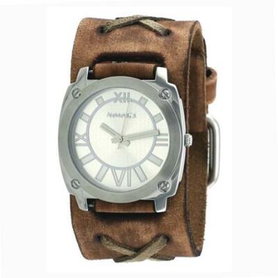 Silver Roman Numerals Watch with Faded Brown X Leather Cuff Band BFXB066S