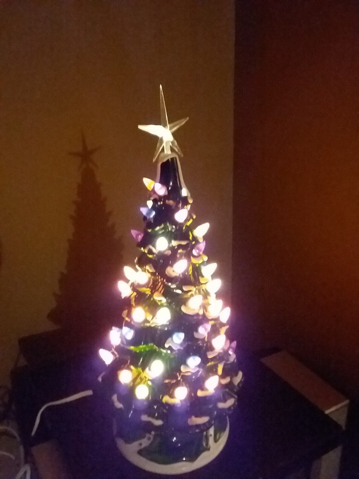 Vintage 12" Ceramic Lighted Christmas Tree and Base White cord thumb