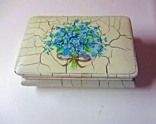 Italy Artmark Lidded Trinket Box Wood Crackled Off White Paint Blue Floral Vtg