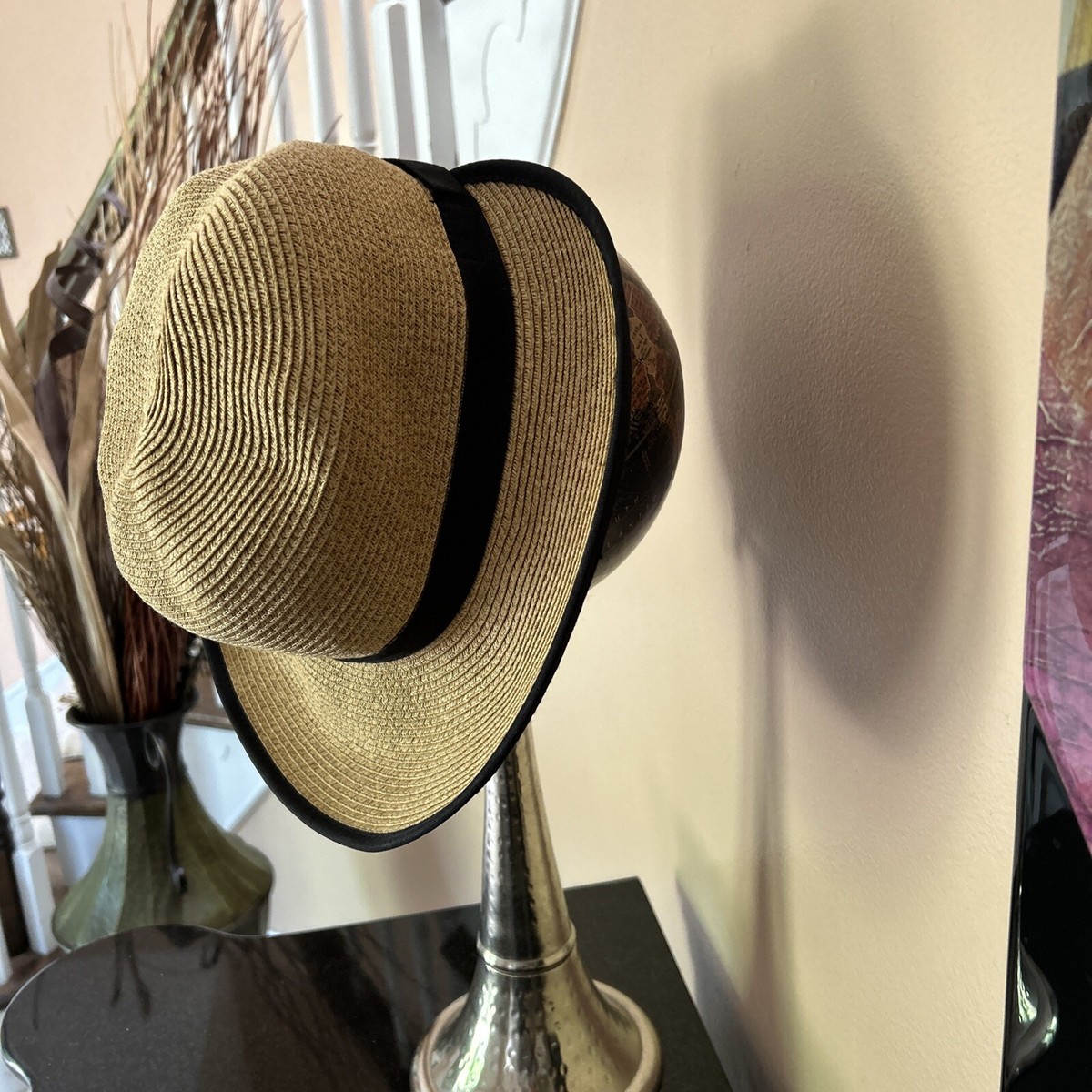 Scala Pronto Black Wide Brim Sun Hat Beige Bow Ribbon Paper Straw One Size EUC Scala Women main image 2