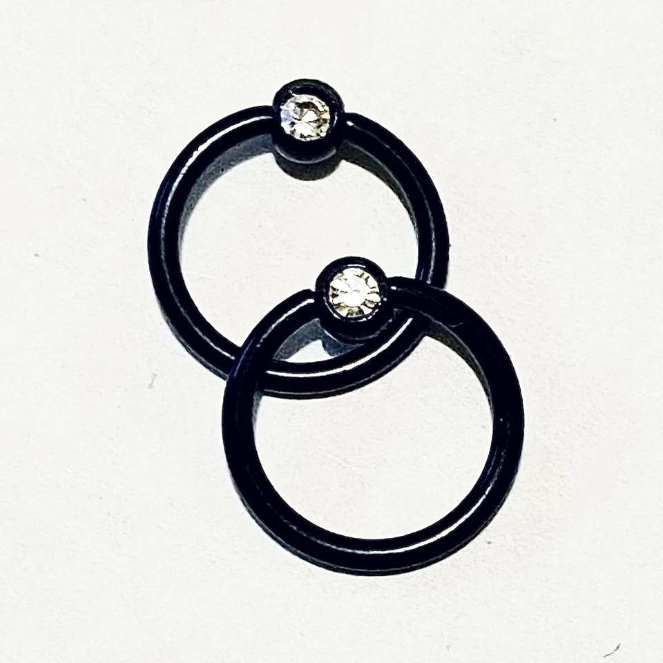 Captive Ring 宝石 16 克 8 毫米 5/16 英寸 2 件黑色水钻 CZ 珠环圆形 — 第 2/4 张图片