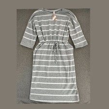 Betsey Boutique Shop Sweater Dress Striped Gray White Pockets Medium Drawstring