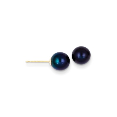 Real 14kt 7-8mm Black Round Freshwater Cultured Pearl Stud Post Earrings