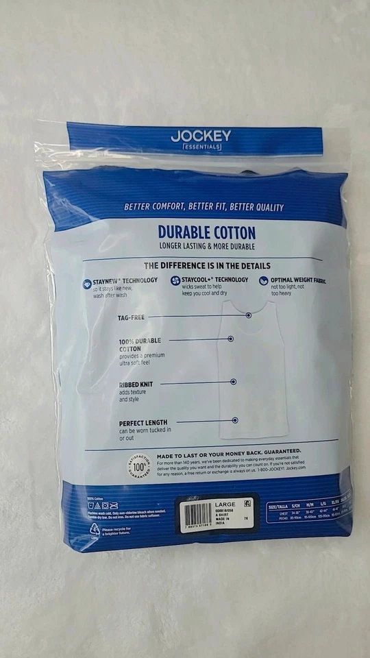 Jockey Essentials Mens White Durable 100% Cotton Tank Top 3-Pack Size L - Image 2 of 4