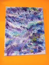 Abstract Acrylic Pour Canvas Painting Blue Purple Fluid Art Original appr 8"x10"