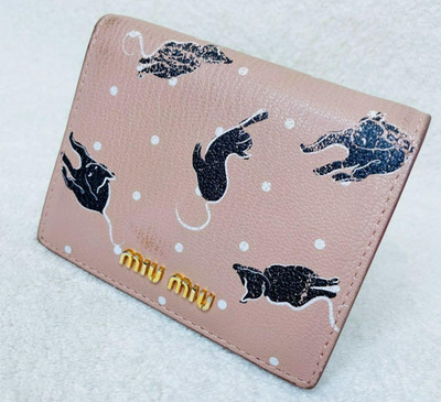 miumiu MADRAS CAT Compact Wallet Pink Black Cats & Dot Pattern Pre-owned F/S JP