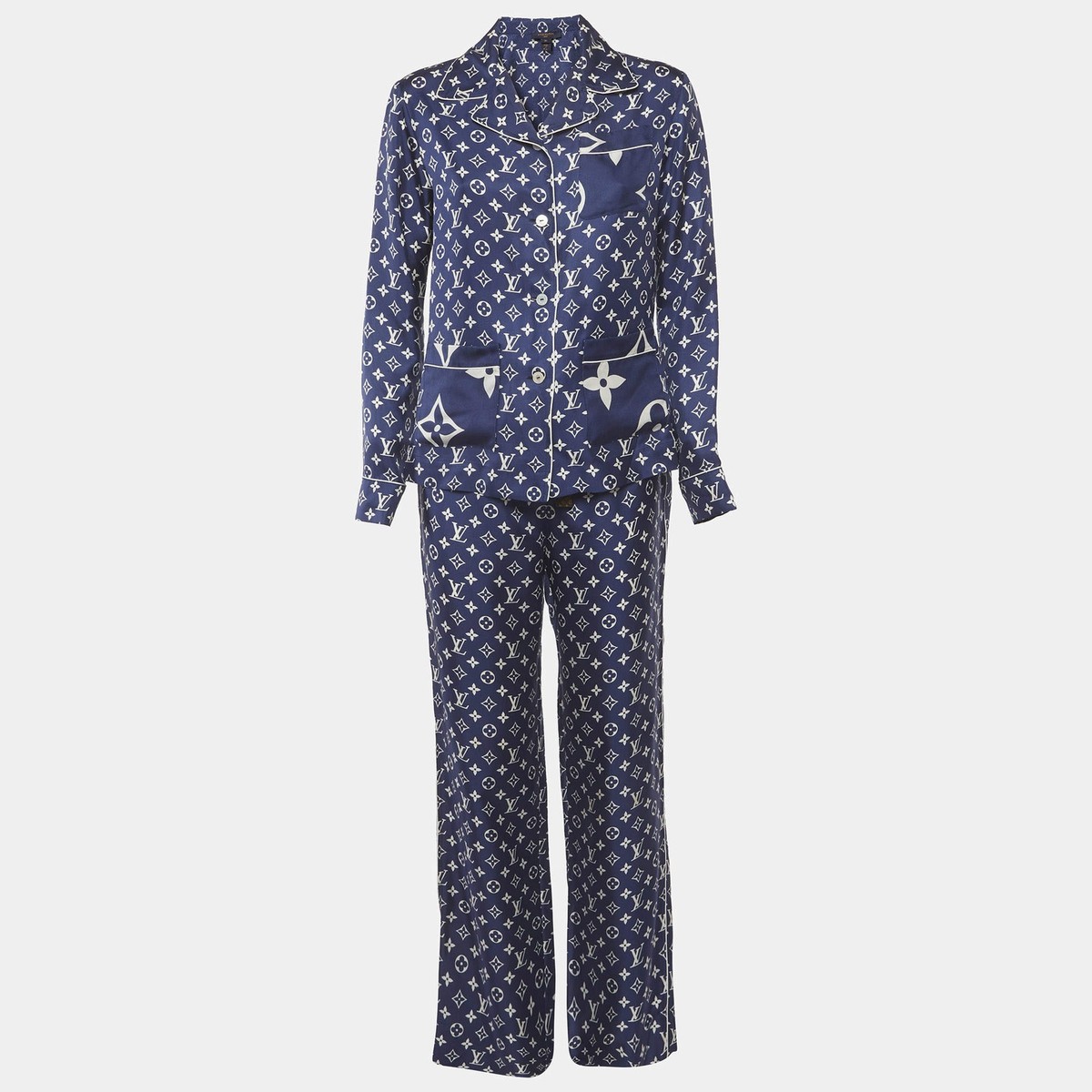 Louis Vuitton Navy Blue Monogram Silk Button Up Shirt Pants Suit Louis Vuitton Navy Blue Monogram Silk Button Up Shirt Pants Suit