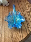 Fenton Iridized Celeste Blue 6" T Rose Design Basket