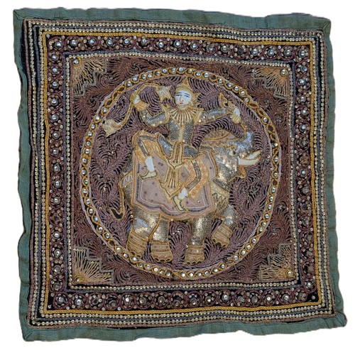 Burmese Kalaga Elephant Rider Tapestry Sequin Square Bead Embroidery 20"x20"